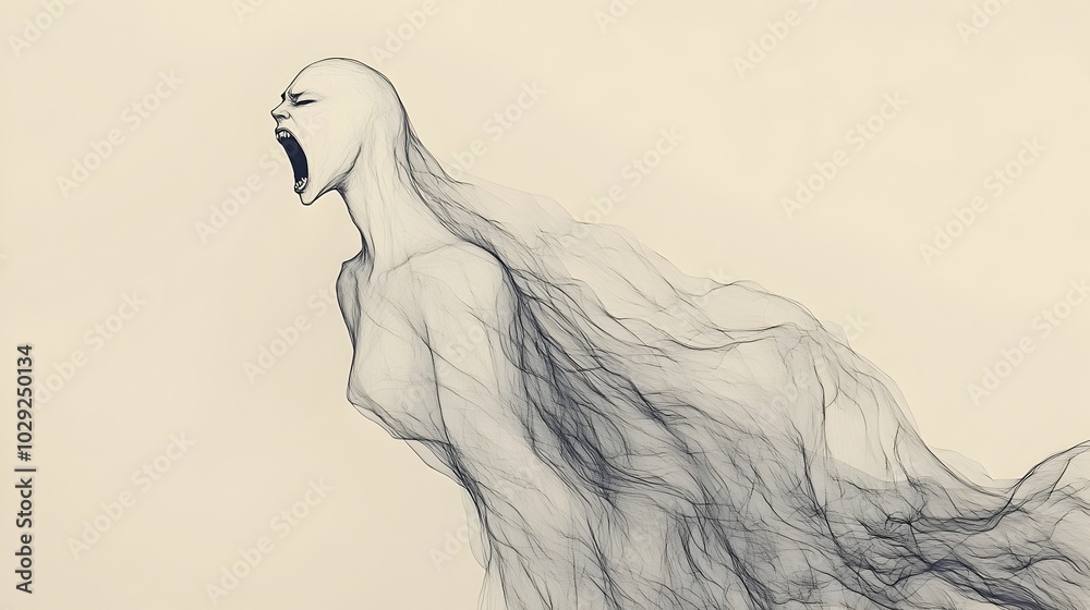 Haunting Banshee Wail in Misty Ethereal Grayscale Minimal Line Drawing Haunting Banshee Wail in Misty Ethereal Grayscale Minimal Line Drawing