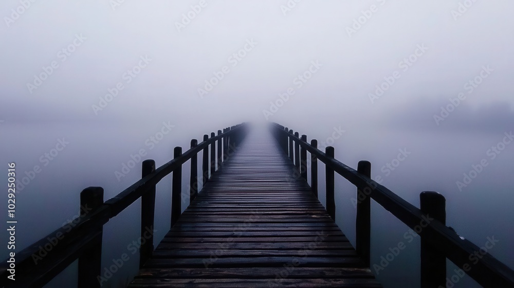 A fog-covered bridge with no visible end in sight, [uncertainty], [crossing into the unknown], ,