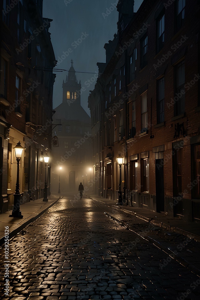Obraz premium Mysterious Figure in the Mist: Ominous Shadow on Desolate Cobblestone Street