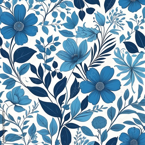 Vector vintage illustration of blue color flowers, leaves, frame, pattern for background, invitation or background, Floral print background vector illustration 