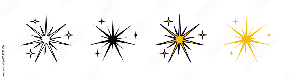 Black and yellow twinkle set. Signs of shining and bright start. Space minimalistic icons. Black and yellow twinkle set. Signs of shining and bright start. Space minimalistic icons.