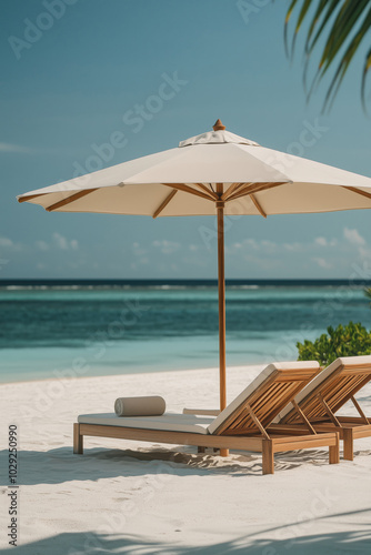 Sun loungers with under the sun umbrella on a tropical sandy beach with blue ocean view