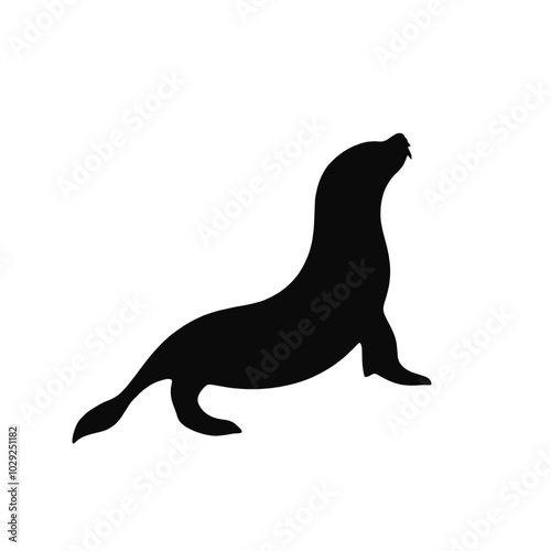 A black silhouette of a sea lion or seal on a white background 