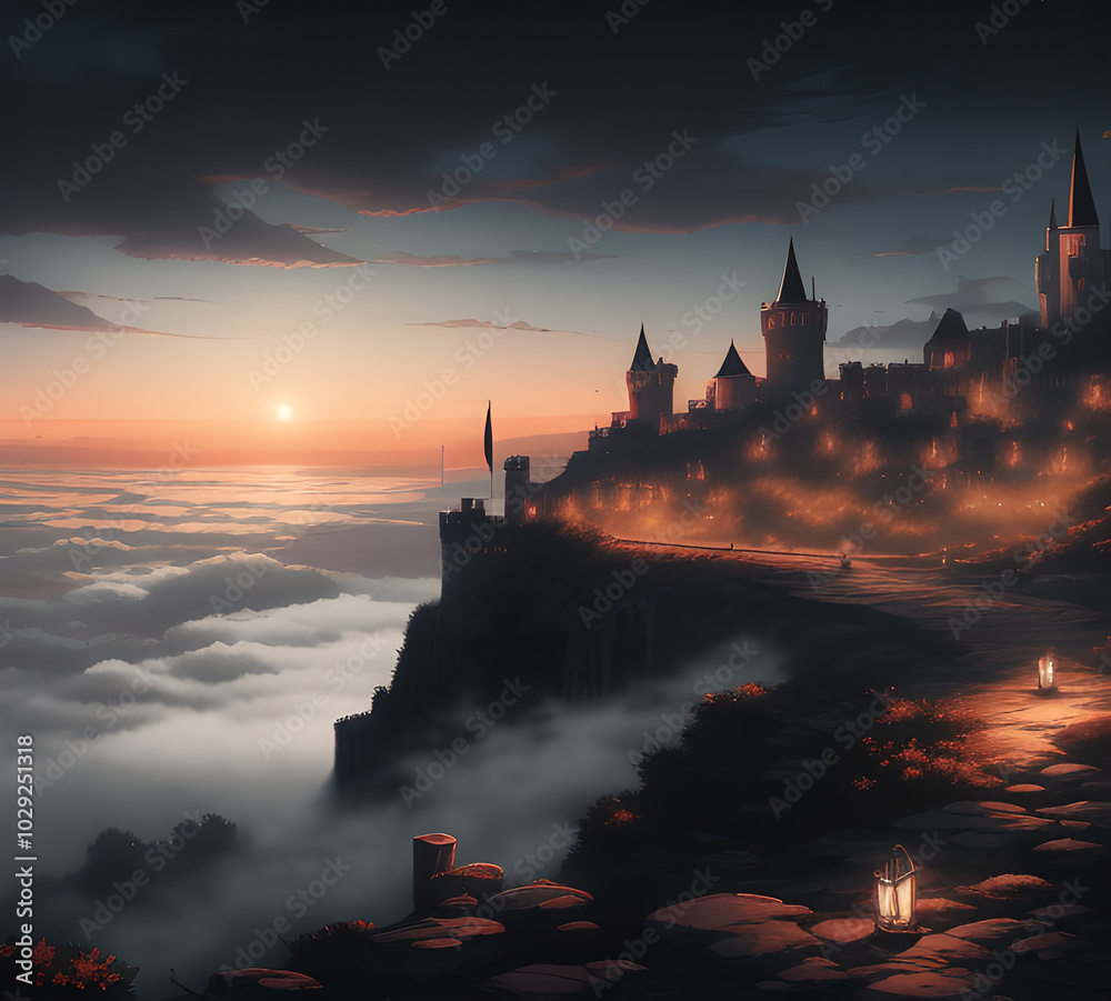 Beautiful atmospheric mystical landscape of the castle.moon in the night light.generative ai