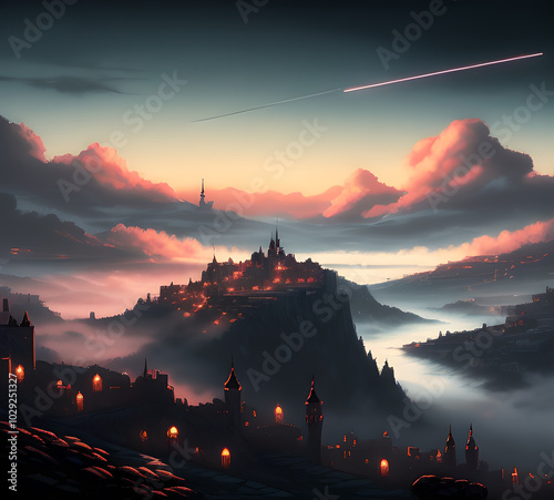 Beautiful atmospheric mystical landscape of the castle.moon in the night light.generative ai