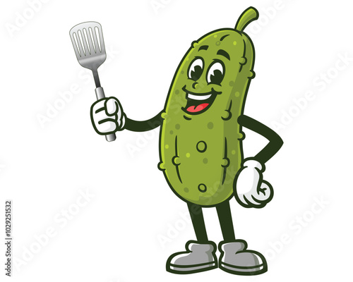 Pickle with Spatula, Cartoon Mascot Illustration Character Vector Clip-art Hand-drawn Logo Design