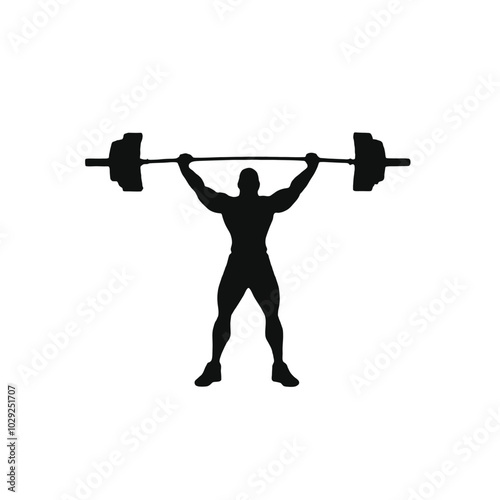 A muscular male weightlifter lifting a barbell overhead, silhouetted against a plain white background 