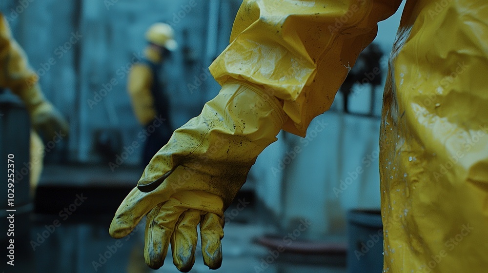 A close-up of a gloved hand in a yellow protective suit, set against a blurred background of workers and industrial equipment. A close-up of a gloved hand in a yellow protective suit, set against a blurred background of workers and industrial equipment.