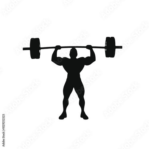 A muscular male weightlifter lifting a barbell overhead, silhouetted against a plain white background 