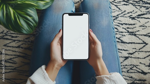 Man using smartphone blank screen frame less modern design while lying on the sofa in home interior, Generative Ai photo