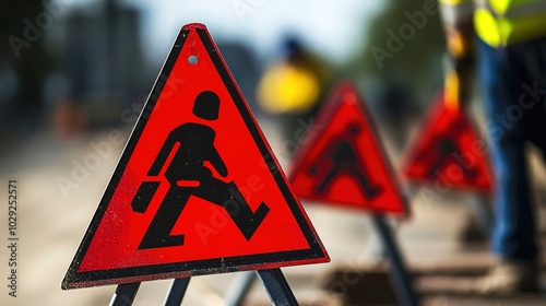 Red warning signs indicate a work zone with a pedestrian icon, alerting passersby to exercise caution while walking.