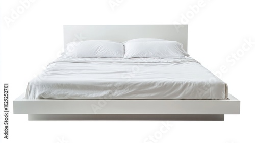 Cutout of a modern double bed, white bedding, isolated on white background