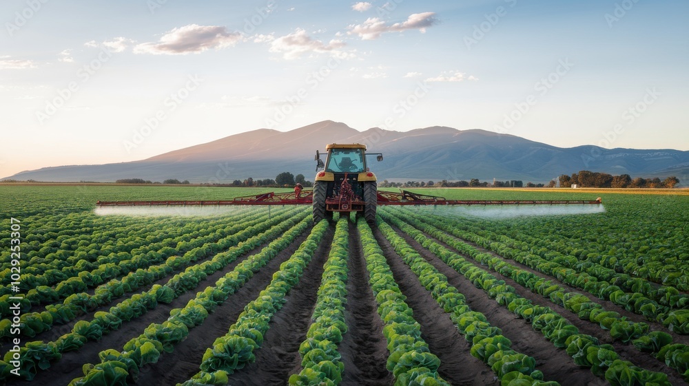 Tractor spraying crops in a lush green field with mountains in the background. Tractor spraying crops in a lush green field with mountains in the background.