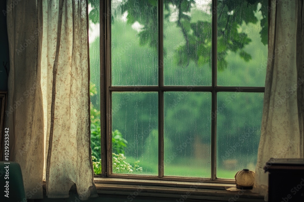 Fototapeta premium A cozy old living room window frames a rainy day with curtains dancing in the gentle breeze
