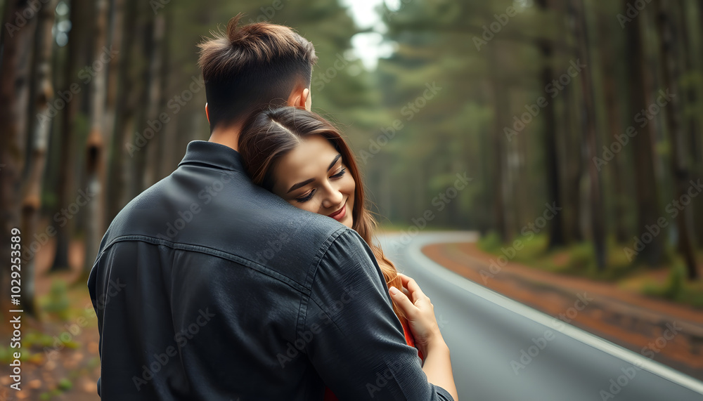 Close up portrait of a lovely caucasian couple reasting near the road in the forest where man is embracing his love from back while she is leaning her head on his chest with closed eyes smiling isol Close up portrait of a lovely caucasian couple reasting near the road in the forest where man is embracing his love from back while she is leaning her head on his chest with closed eyes smiling isol