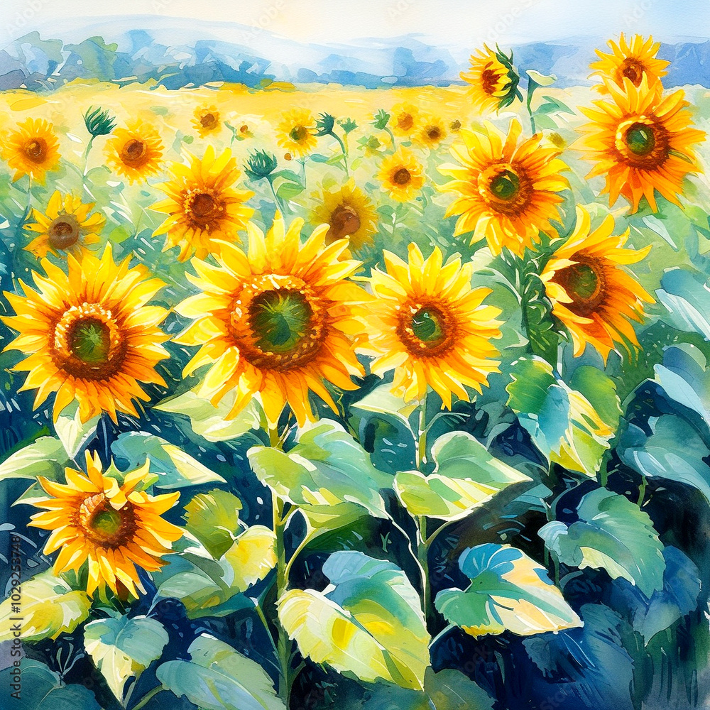 Vibrant sunflowers stretching towards the sky in a sunny rural landscape Vibrant sunflowers stretching towards the sky in a sunny rural landscape