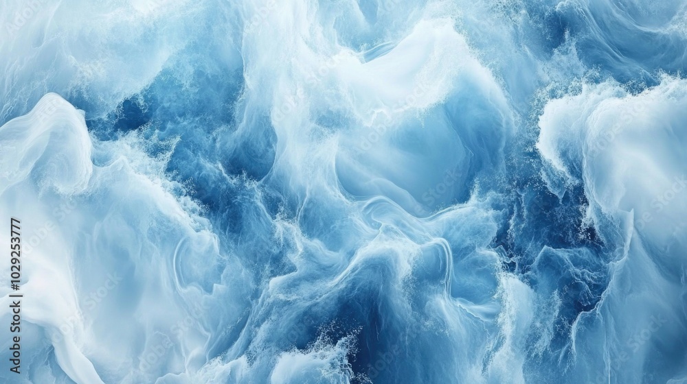 Fluid dynamics of marble and water in mesmerizing blue and white hues, creating an organic abstract texture