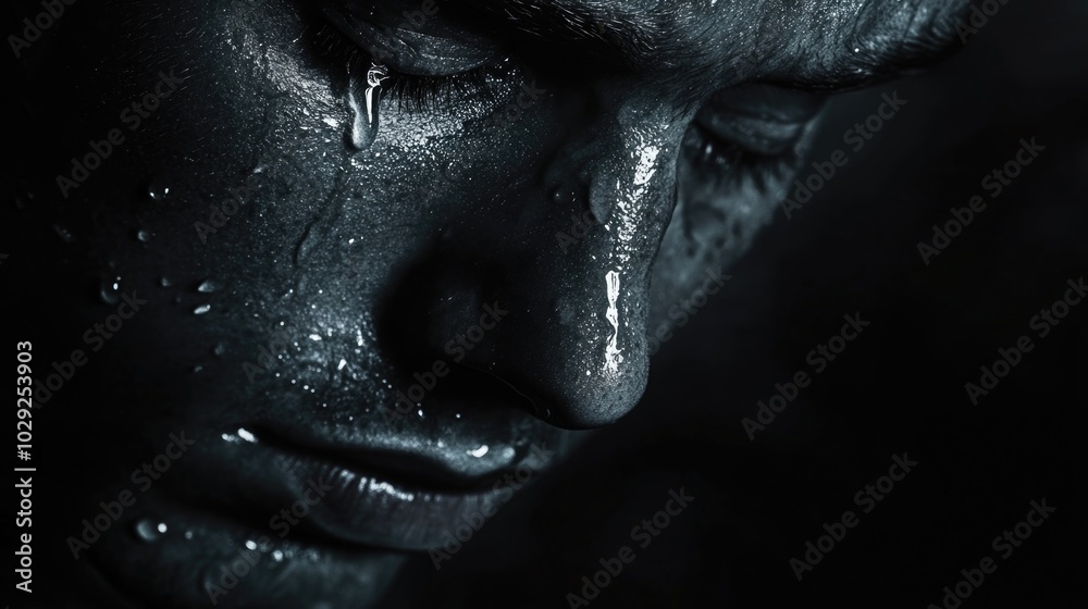 An abstract minimalist portrait featuring a face with a single tear illuminated softly against a dark backdrop An abstract minimalist portrait featuring a face with a single tear illuminated softly against a dark backdrop