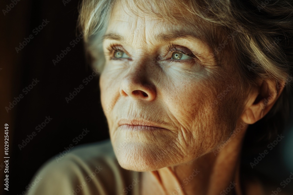 An elderly woman with a thoughtful expression gazes into the distance, captured in soft light and grainy texture in a cozy setting An elderly woman with a thoughtful expression gazes into the distance, captured in soft light and grainy texture in a cozy setting