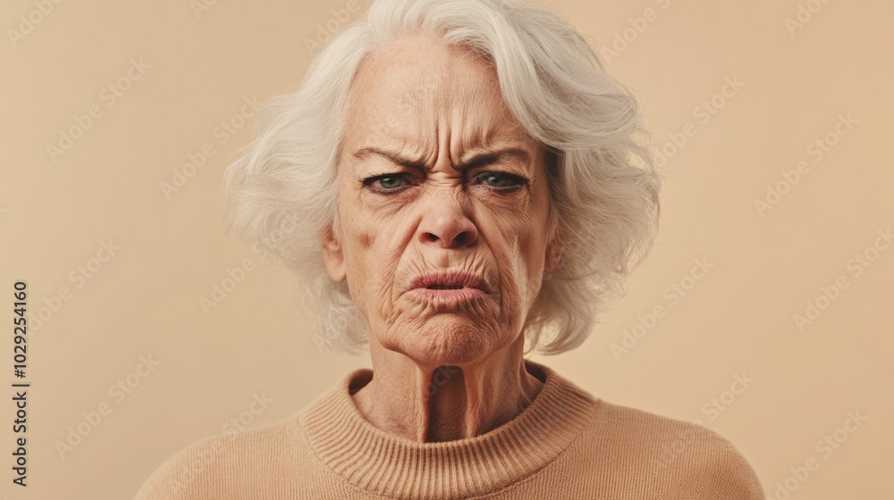 Elderly woman expressing intense anger with a focus on emotional intensity against a minimalistic beige background Elderly woman expressing intense anger with a focus on emotional intensity against a minimalistic beige background
