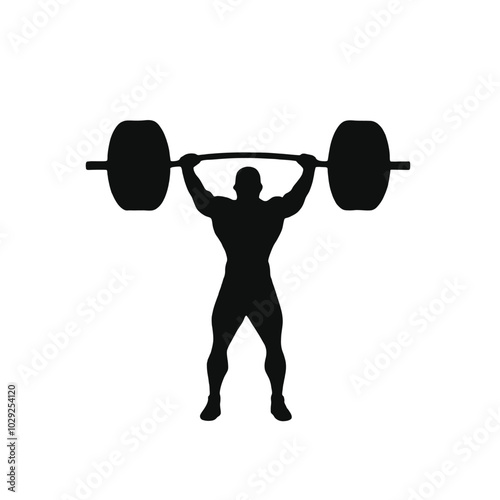 A muscular male weightlifter lifting a barbell overhead, silhouetted against a plain white background 