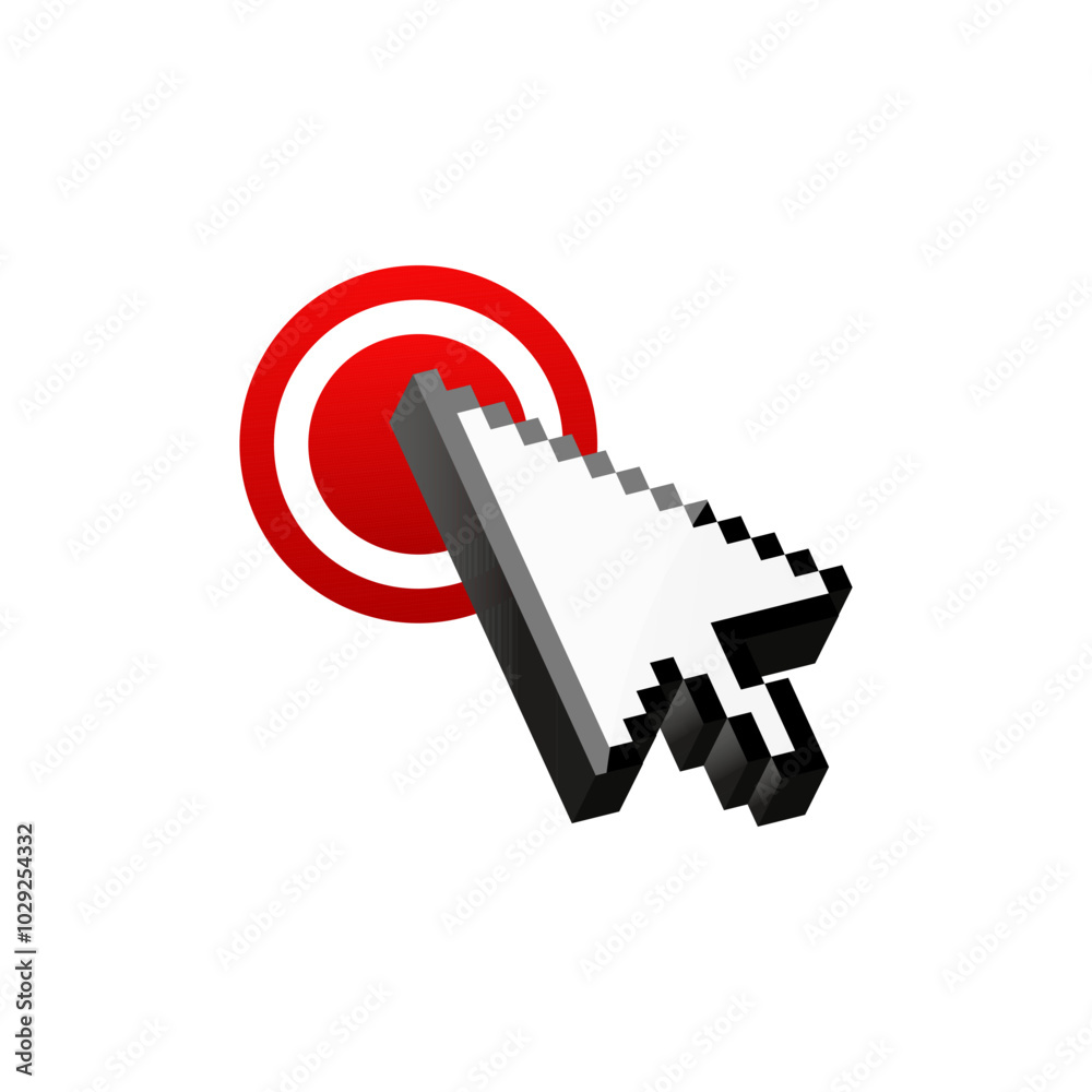 White cursor for computer click on red button. arrow icon for desktop. White cursor for computer click on red button. arrow icon for desktop.