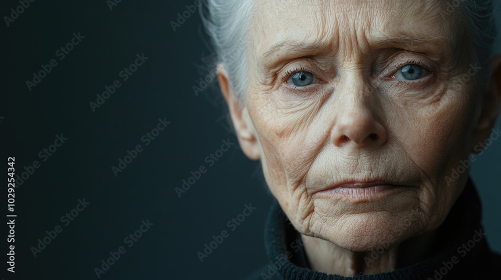A close-up portrait of a sorrowful elderly woman conveying deep emotion against a soft, neutral backdrop A close-up portrait of a sorrowful elderly woman conveying deep emotion against a soft, neutral backdrop