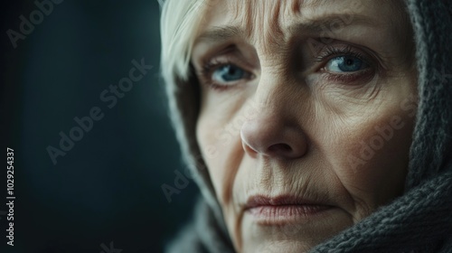 Close-up portrait of an elderly woman expressing sorrow with a gentle demeanor in a soft, minimalist setting