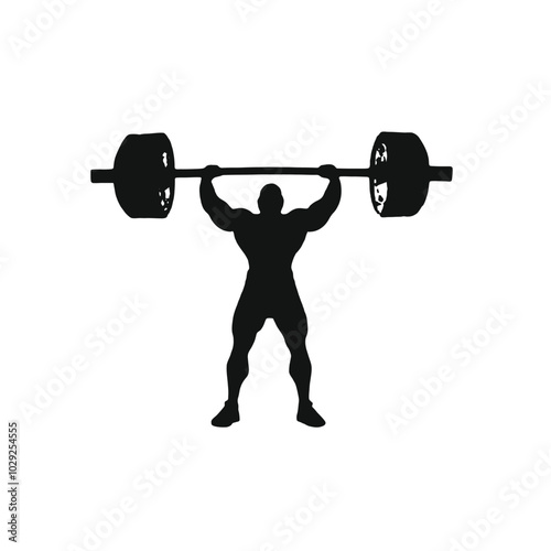 A muscular male weightlifter lifting a barbell overhead, silhouetted against a plain white background 