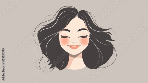 Joyful female face with cheerful expression in minimalist vector style against a neutral grey background