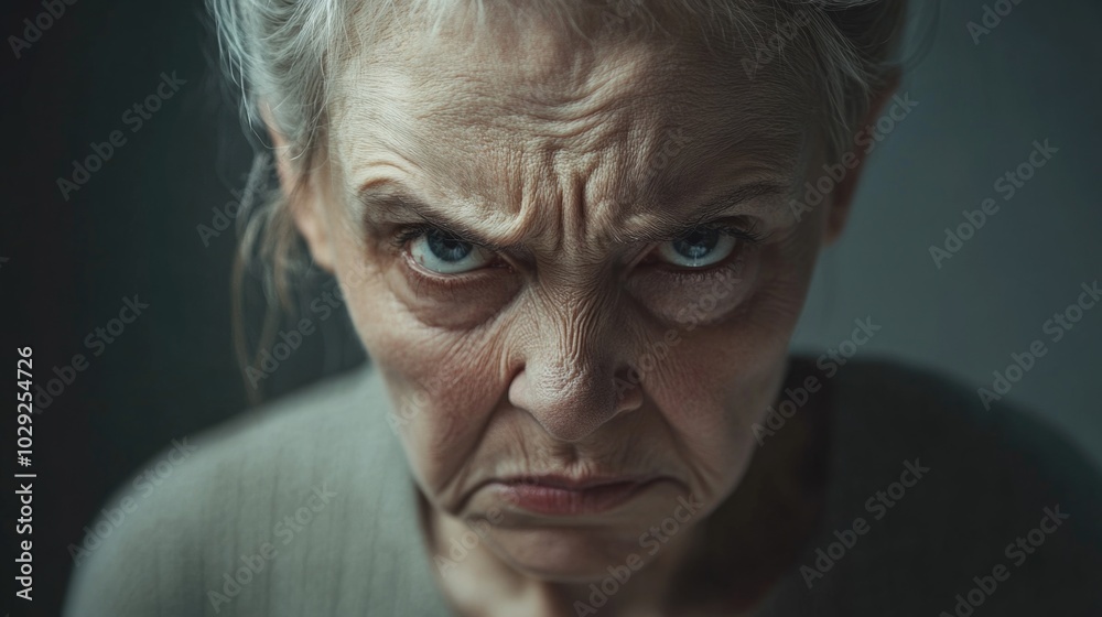 Angry elderly woman with deep lines and focused expression on a neutral background showcasing strong emotion in minimalist style Angry elderly woman with deep lines and focused expression on a neutral background showcasing strong emotion in minimalist style