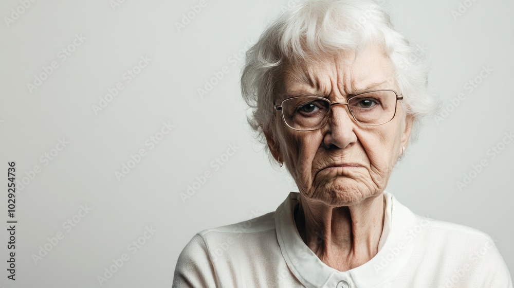 An elderly woman with an angry expression showcases deep emotions against a neutral background An elderly woman with an angry expression showcases deep emotions against a neutral background