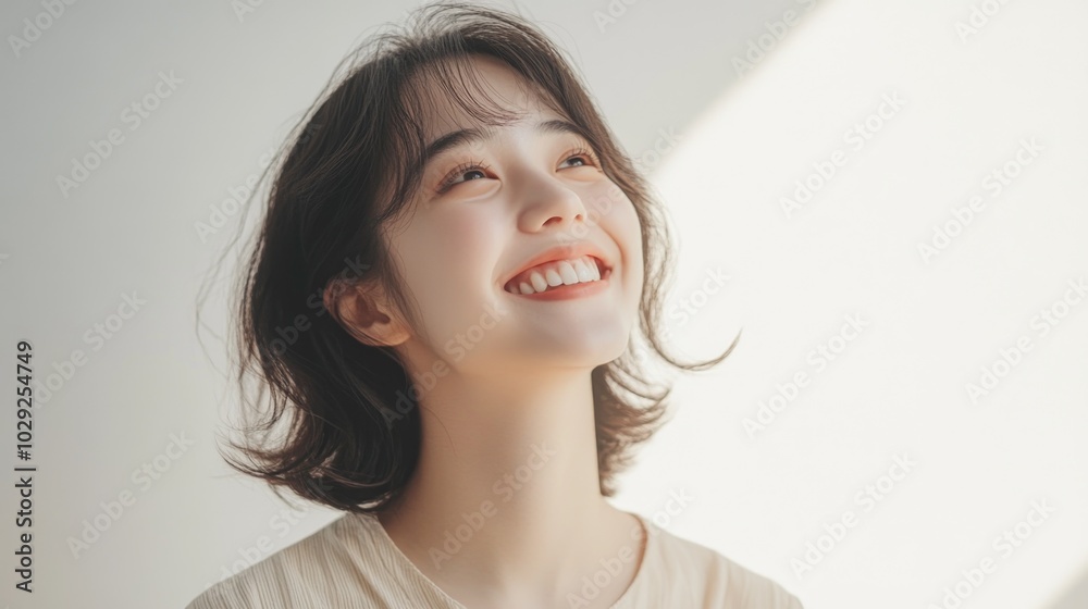Joyful Asian woman smiling against a minimalist white background with soft lighting and natural expressions Joyful Asian woman smiling against a minimalist white background with soft lighting and natural expressions