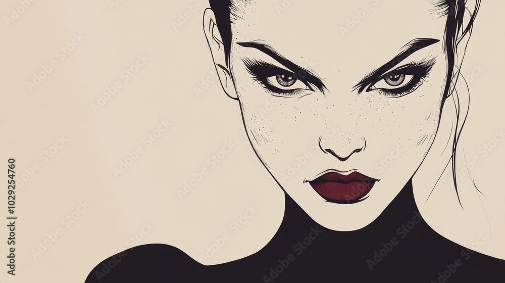 Furious woman in minimalist art style with sharp expression against a smooth beige background Furious woman in minimalist art style with sharp expression against a smooth beige background