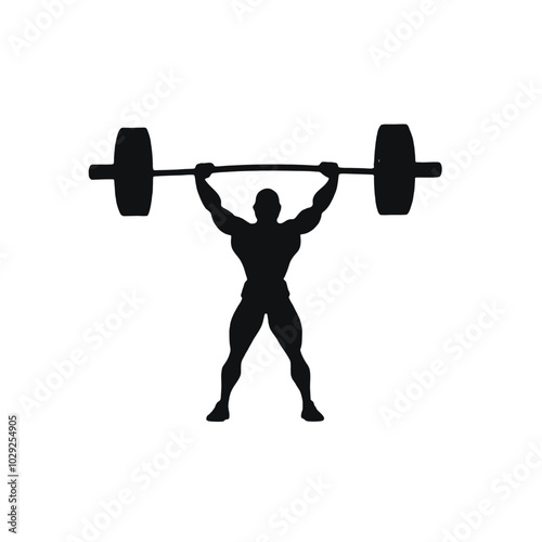 A muscular male weightlifter lifting a barbell overhead, silhouetted against a plain white background 