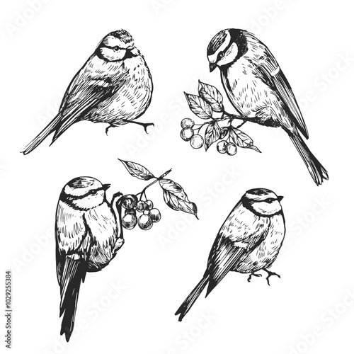 Set of birds ink illustrations, blue tit, great tit, realistic sketch, vintage style, hand drawn vector
