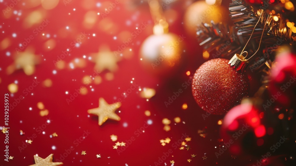 Red background featuring a Merry Christmas banner with gold stars and Christmas balls scattered around. Red background featuring a Merry Christmas banner with gold stars and Christmas balls scattered around.