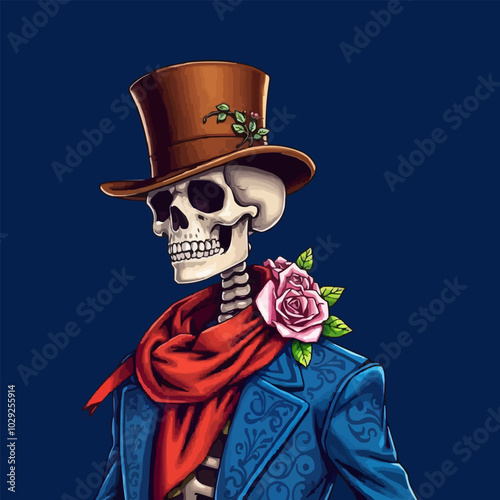 A skeleton in a top hat with roses happy Halloween theme vector illustration. editable vector handsome skeleton with roses 