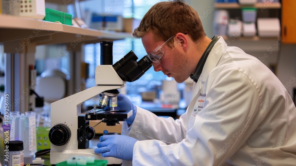 A man in a lab coat is looking through a microscope A man in a lab coat is looking through a microscope