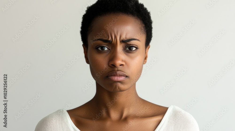 A minimalistic portrait of an upset black woman expressing anger against a neutral background with subtle lighting A minimalistic portrait of an upset black woman expressing anger against a neutral background with subtle lighting