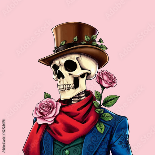 A skeleton in a top hat with roses happy Halloween theme vector illustration. editable vector handsome skeleton with roses 