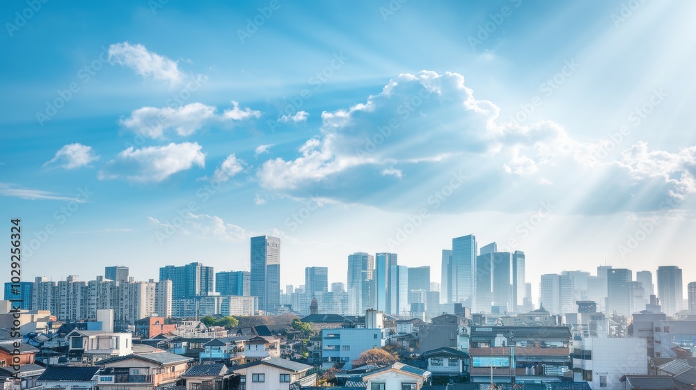 Urban skyline with tall buildings under a bright blue sky and scattered clouds. Urban skyline with tall buildings under a bright blue sky and scattered clouds.