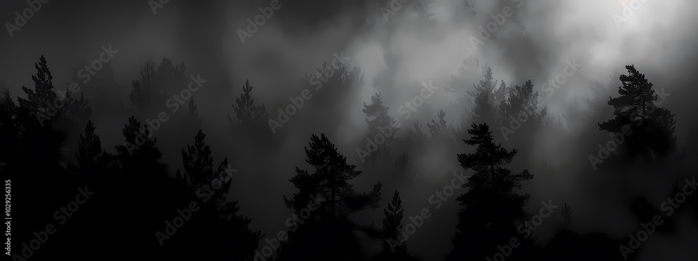 Silhouette of dark pine trees against a misty, ethereal backdrop, creating a mysterious and atmospheric feel. Silhouette of dark pine trees against a misty, ethereal backdrop, creating a mysterious and atmospheric feel.