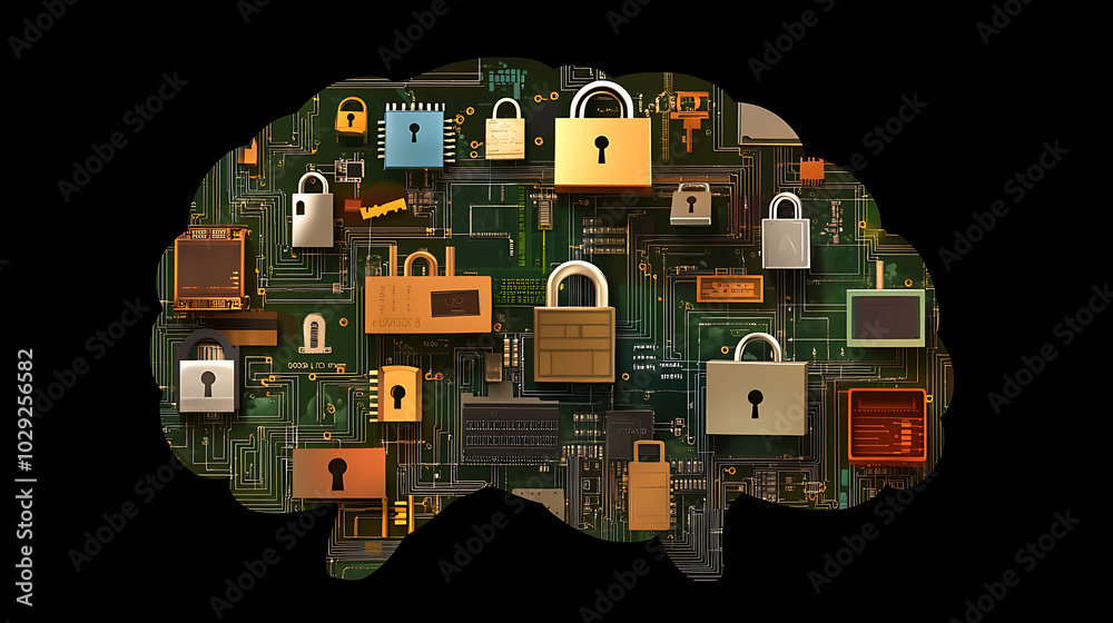 An abstract visual of a human brain made of circuit board patterns, with small locks and keys interspersed throughout, representing the protection of mental privacy. The brain is illuminated An abstract visual of a human brain made of circuit board patterns, with small locks and keys interspersed throughout, representing the protection of mental privacy. The brain is illuminated