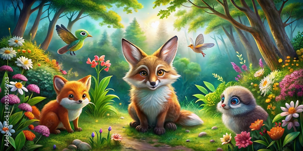 Colorful Animated Animals in a Whimsical Landscape with Copy Space for Creativity Colorful Animated Animals in a Whimsical Landscape with Copy Space for Creativity