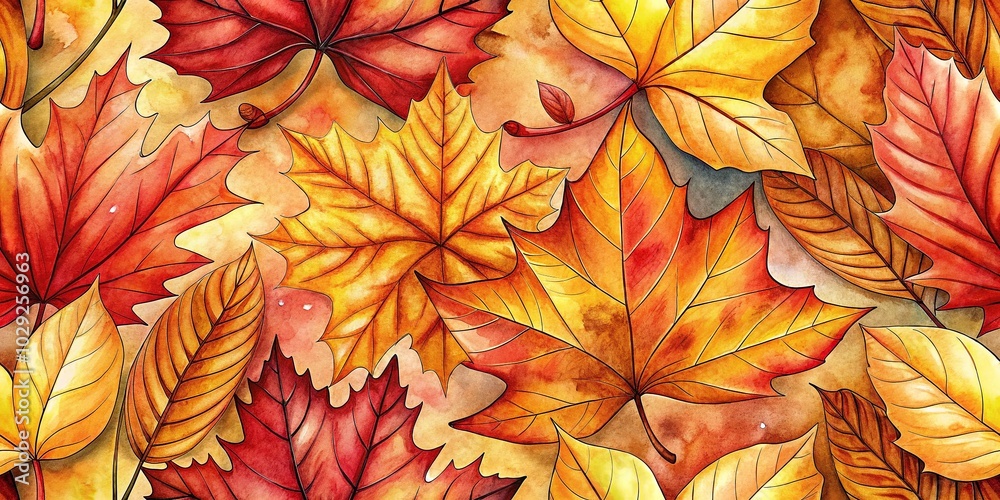 Fototapeta premium Colorful Autumn Watercolor Illustration Pattern for Stationery and Prints