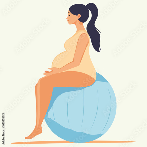 Pregnant woman sitting on fitball holding her belly Mother in labor flat vector illustration