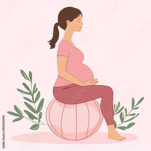 Pregnant woman sitting on fitball holding her belly Mother in labor flat vector illustration