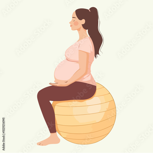 Pregnant woman sitting on fitball holding her belly Mother in labor flat vector illustration