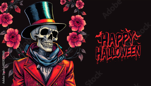 Happy Halloween quote with a skeleton in a top hat with roses happy Halloween theme vector illustration. editable vector handsome skeleton with roses 